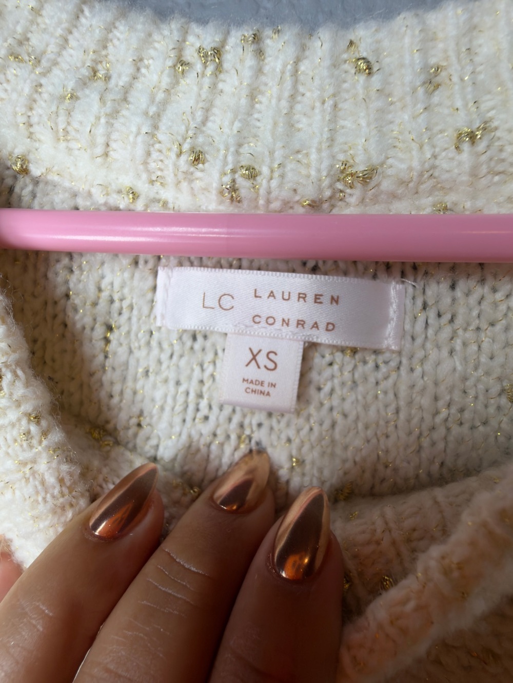 LC Lauren Conrad Cream Crewneck Sweater with Gold Metallic Thread